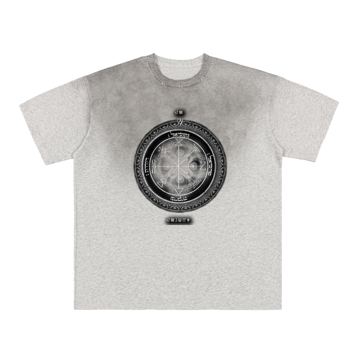 1st Pentacle of Jupiter Vintage Washed Grey Gradient on Frayed T-Shirt - Prosperity, Wealth and Success in Livelihood